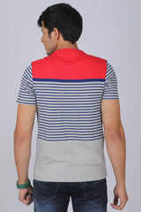 Men's Grey/Red/Blue Striped Round Neck T-shirt