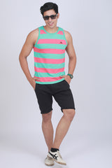 Men's Aqua/Coral Single Jersey Sleeveless Striped T-shirt