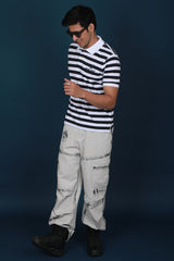 Men's Navy/White Striped Pique Polo T-shirt