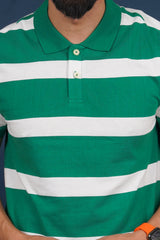 Men's Green/White Striped Single Jersey Polo T-shirt