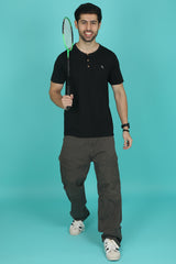 Men's Black Pima Cotton Single Jersey Henley Neck T-shirt with Logo