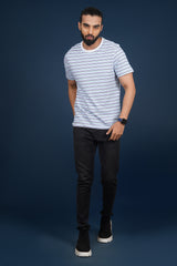 Men's White/Blue striped round neck t-shirt