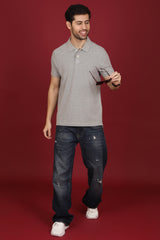 Men's Grey Melange Enzyme Wash Pique Polo T-shirt