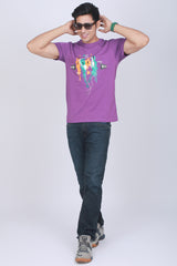 Men's Purple Printed Single Jersey Round Neck T-shirt