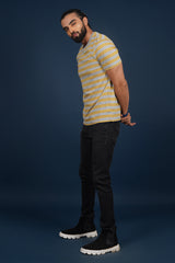 Men's Grey Mel/Yellow striped round neck t-shirt