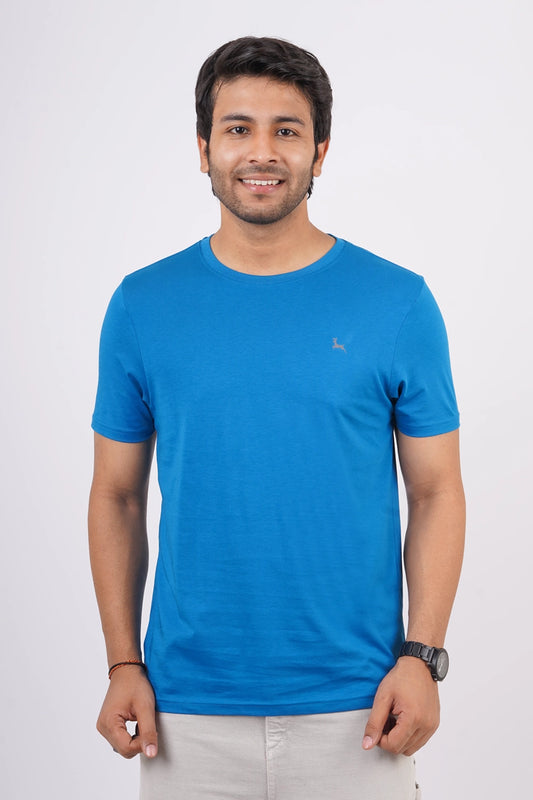 Men's blue saphire pima cotton single jersey round neck t-shirt with logo