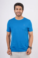 Men's Blue Sapphire Pima Cotton Single Jersey Round Neck T-shirt with Logo