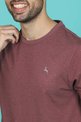 Men's Burgandy Melange Round Neck T-shirt with Logo