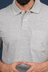 Men's grey melange core pique polo  t-shirt with pocket