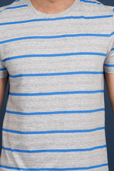 Men's Grey Melange/Blue striped round neck t-shirt