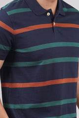 Men's Navy/Orange/Green Striped single jersey polo t-shirt