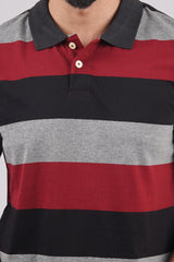 Mens Grey/Navy/Maroon Striped single jersey polo t-shirt