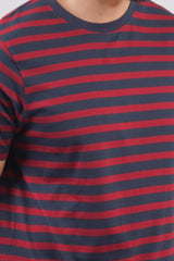 Men's Navy/Maroon striped round neck t-shirt