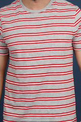 Men's Grey Mel/Red striped round neck t-shirt