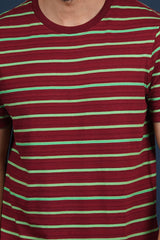 Men's Maroon/Parrot Green striped round neck t-shirt