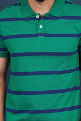 Men's Green/Blue Striped single jersey polo t-shirt