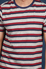 Men's Navy/Maroon/Light Grey striped round neck t-shirt