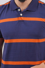 Men's Navy/Orange Striped single jersy polo t-shirt