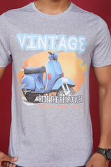Men's Grey Melange Pima Cotton Single Jersey Round Neck T-shirt with Digital Print
