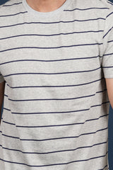 Men's Grey Melange/Navy striped round neck t-shirt