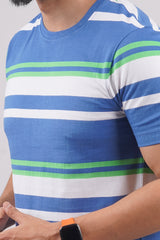 Men's Blue/White/Green striped round neck t-shirt