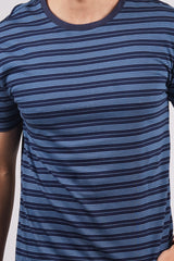 Men's Light Blue/Navy striped round neck t-shirt