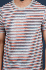 Men's Grey/Orange/Blue striped round neck t-shirt