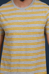 Men's Grey Mel/Yellow striped round neck t-shirt