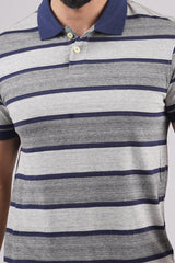 Mens Grey/Navy Striped single jersey polo t-shirt