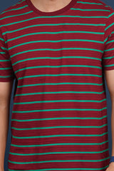 Men's Maroon/Leaf Green striped round neck t-shirt