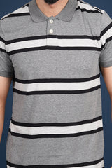 Mens Grey/White/Black Striped single jersey polo t-shirt