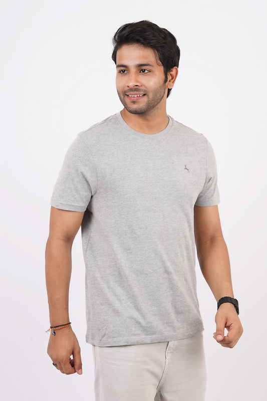 Men's grey melange single jersey round neck t-shirt with logo