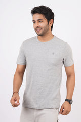 Men's grey melange single jersey round neck t-shirt with logo