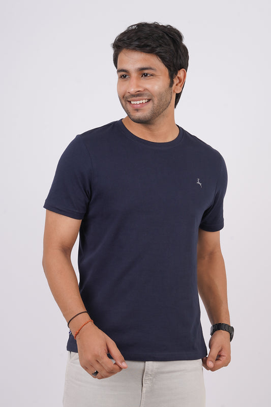 Men's Navy Single Jersey Round Neck T-shirt with Logo