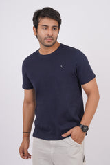 Men's Navy Single Jersey Round Neck T-shirt with Logo