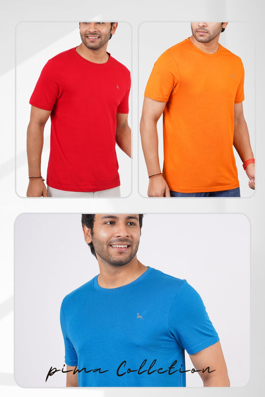 Pack of 3 Solid Pima Cotton Crews (Red,Marmalade,Blue Saphire) with logo