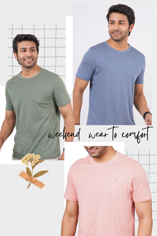 Pack of 3 Solid Pima Cotton Crews (Denim Blue, Laurel Wreath, Rose Tan) with logo