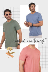 Pack of 3 Solid Pima Cotton Crews (Cayan Rose,Denim Blue,Laurel Wreath)