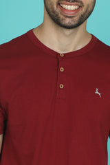 Men's Biking Red Pima Cotton Single Jersey Henley Neck T-shirt with Logo