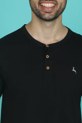Men's Black Pima Cotton Single Jersey Henley Neck T-shirt with Logo