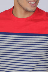 Men's Grey/Red/Blue Striped Round Neck T-shirt