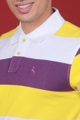 Men's Cyber Yellow/White/Purple Striped Pique Polo T-shirt