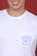 Men's White Single Jersey Printed Round Neck T-shirt With Pocket