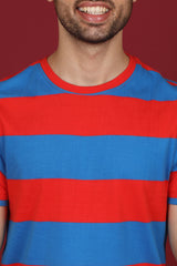 Men's Red/Royal Blue Striped Round Neck T-shirt