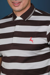 Men's Brown/Grey Striped Mercerized Single Jersey Polo T-shirt