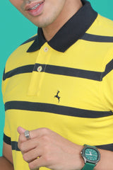 Men's Cyber Yellow/Black Striped Single Jersey Polo T-shirt