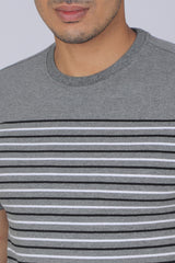 Men's Anthra Mel/White Striped Round Neck T-shirt