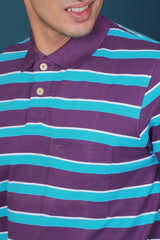 Men's Purple/Blue/White Striped Pique Polo T-shirt