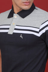 Men's Dark Navy/White/Grey Striped Single Jersey Polo T-shirt