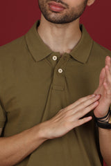 Men's Olive Green Enzyme Wash Pique Polo T-shirt